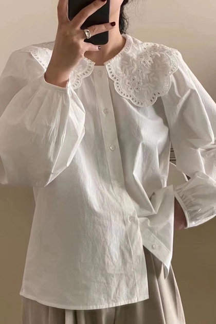 法式雕花蕾絲領純潔感襯衫