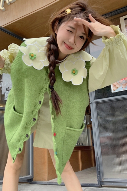 甜美刺繡花朵捏摺袖襯衫*綠