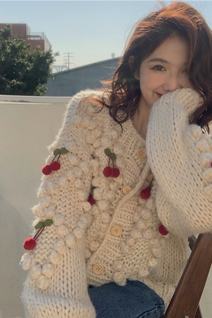 可愛櫻桃立體鉤織外套毛衣